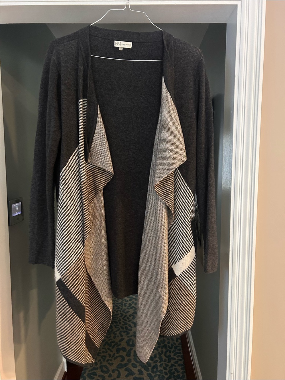 Neiman Marcus Charcoal and Light Gray Draped Open-Front Cardigan